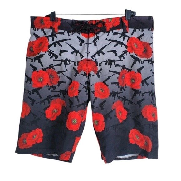 UNDR Industries Lest We Forget Board Shorts Swim Trunks Men L 38x11 Black Red - Picture 2 of 8